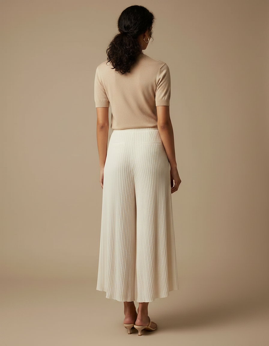 Pantalon À Pince Plissé Fluide Ample Écru Décontracté - Beige Maille - vue 2