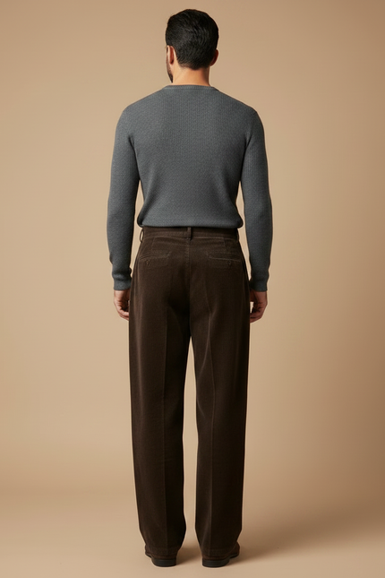 Pantalon À Pince Marron Côtelé Ample Plissé Homme - Cordé - vue 2