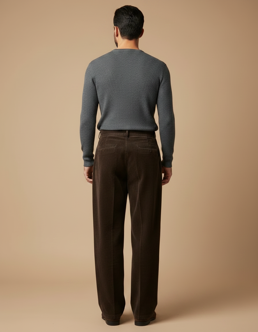 Pantalon À Pince Marron Côtelé Ample Plissé Homme - Cordé - vue 2