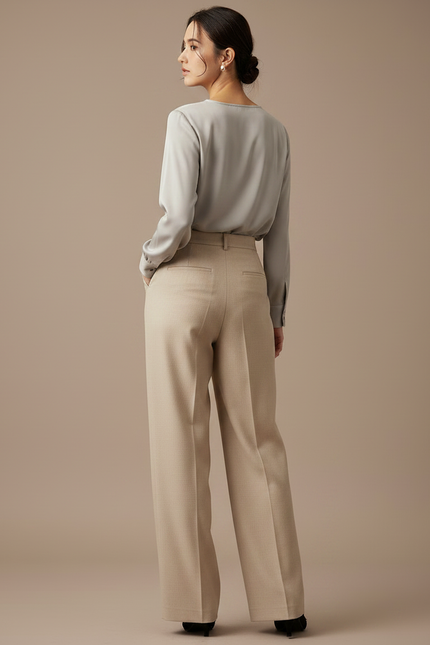 Pantalon À Pince Beige Ample Plissé Élégant Femme - Laine - vue 2