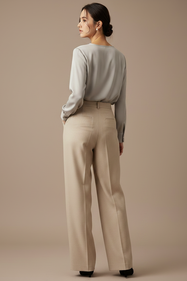 Pantalon À Pince Beige Ample Plissé Élégant Femme - Laine - vue 2