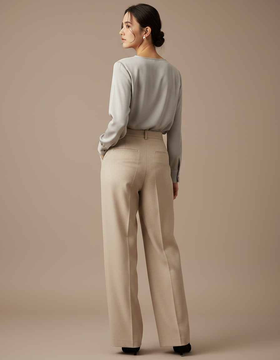 Pantalon À Pince Beige Ample Plissé Élégant Femme - Laine - vue 2