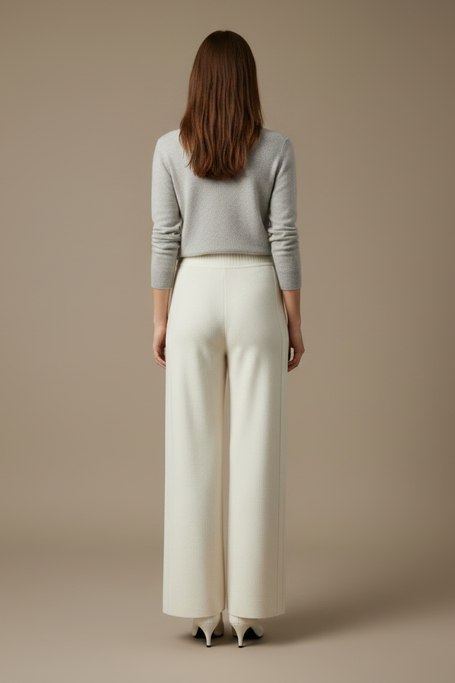 Pantalon À Pince Crème Laine Tricoté Ample Droit - Beige - vue 2