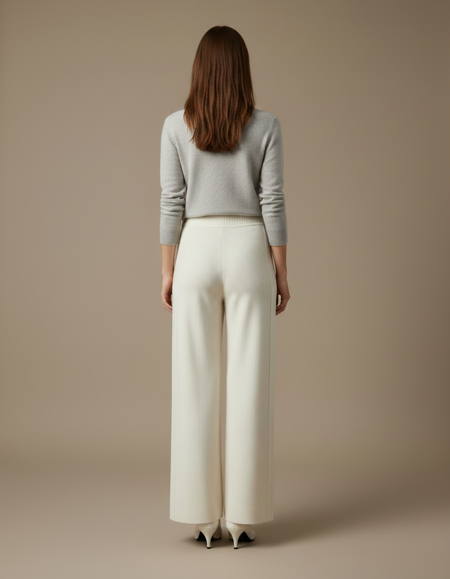 Pantalon À Pince Crème Laine Tricoté Ample Droit - Beige - vue 2