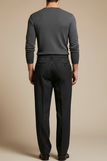 Pantalon À Pince Noir Rayé Plissé Droit Élégant - Laine - vue 2