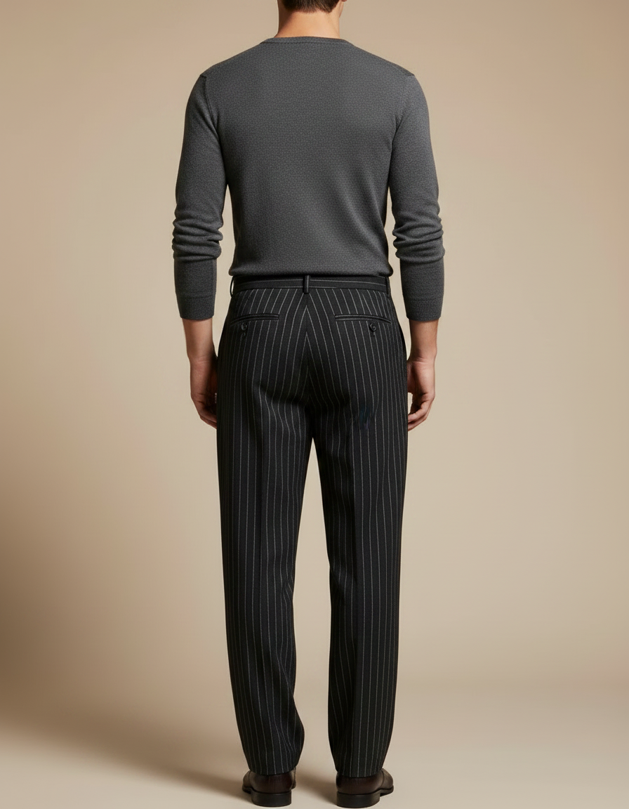 Pantalon À Pince Noir Rayé Plissé Droit Élégant - Laine - vue 2