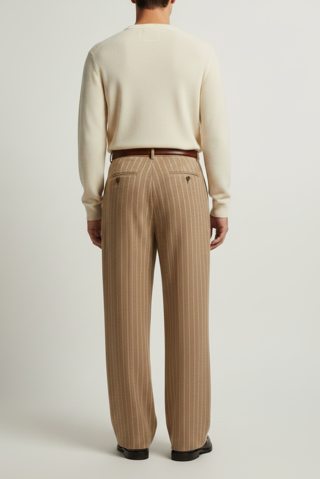 Pantalon À Pince Marron Rayé Ample Plissé Homme - Laine - vue 2