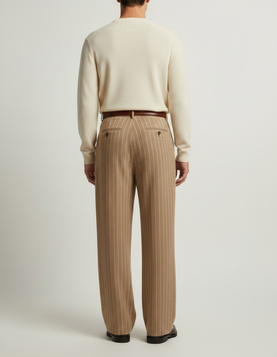 Pantalon À Pince Marron Rayé Ample Plissé Homme - Laine - vue 2