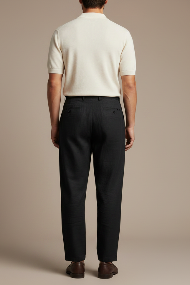 Pantalon À Pince Noir Lin Plissé Droit Homme - vue 2