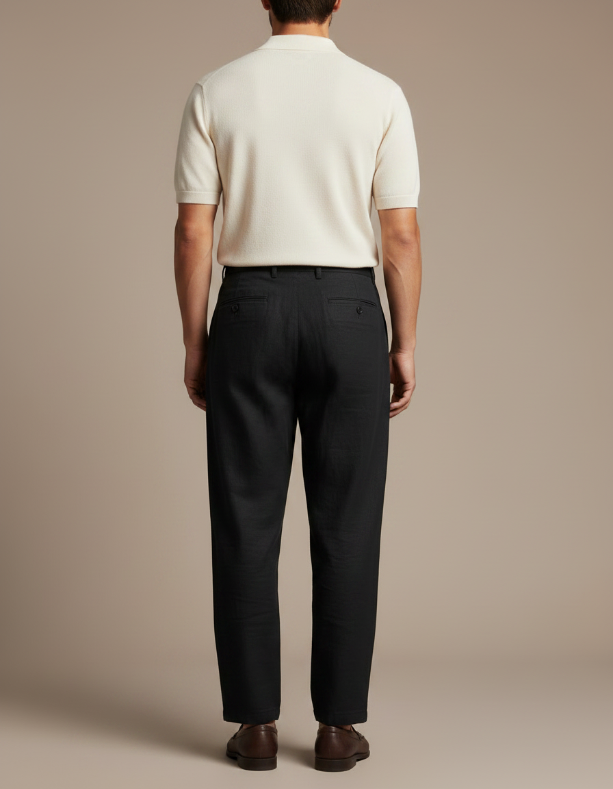 Pantalon À Pince Noir Lin Plissé Droit Homme - vue 2