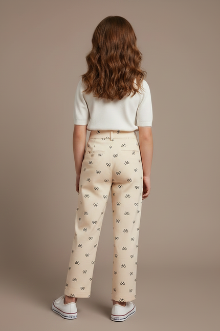 Pantalon À Pince Écru Droit Imprimé Nœuds Fille - Beige Gabardine - vue 2