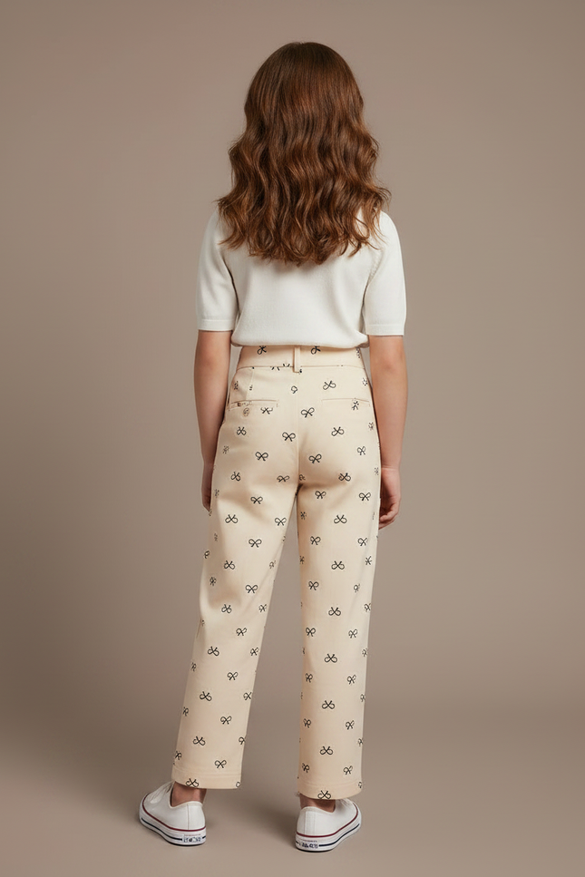 Pantalon À Pince Écru Droit Imprimé Nœuds Fille - Beige Gabardine - vue 2