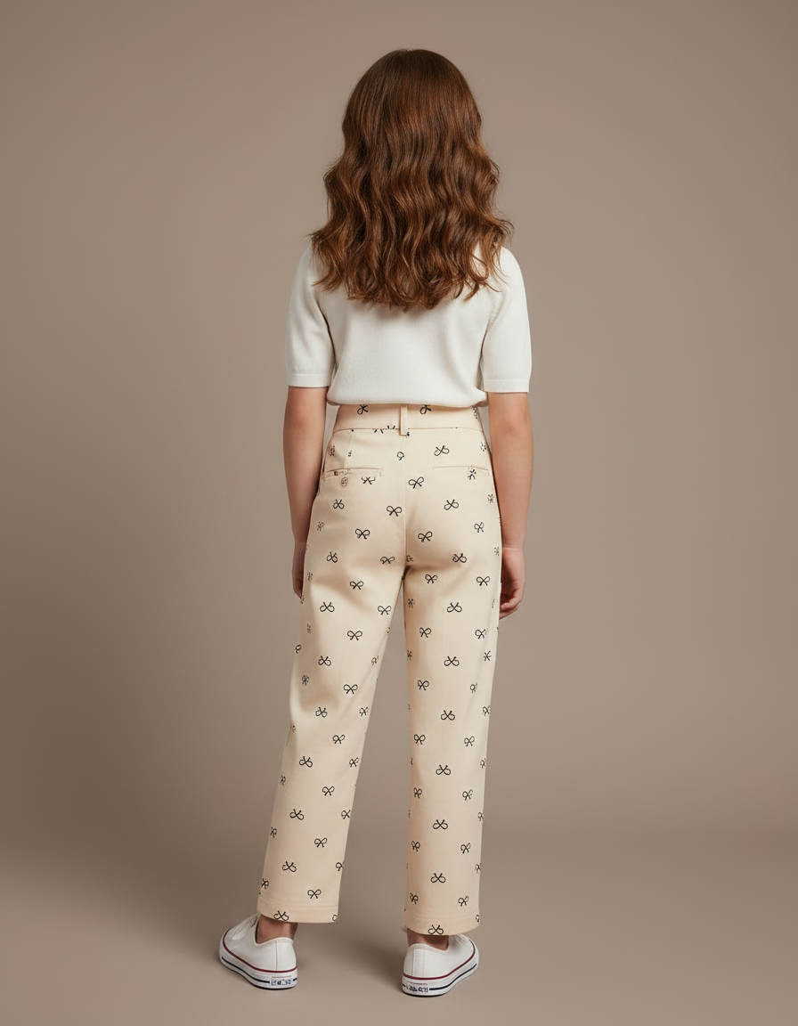 Pantalon À Pince Écru Droit Imprimé Nœuds Fille - Beige Gabardine - vue 2