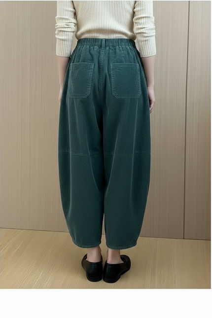 Pantalon À Pince Vert Côtelé Ample Décontracté Femme - Cordé - vue 2