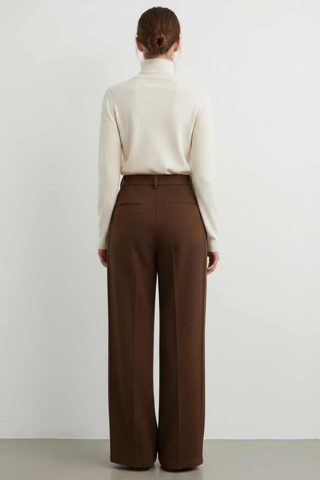 Pantalon À Pince Marron Ample Plissé Décontracté Élégant - Laine - vue 2