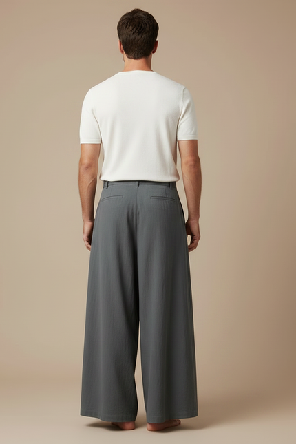 Pantalon À Pince Gris Ample Lin Plissé Homme - vue 2