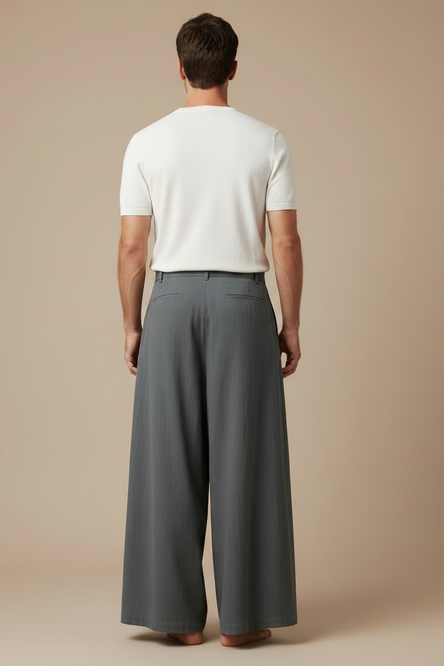 Pantalon À Pince Gris Ample Lin Plissé Homme - vue 2