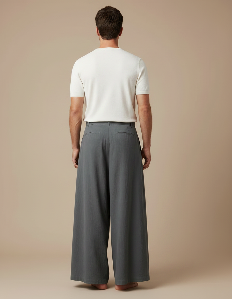 Pantalon À Pince Gris Ample Lin Plissé Homme - vue 2