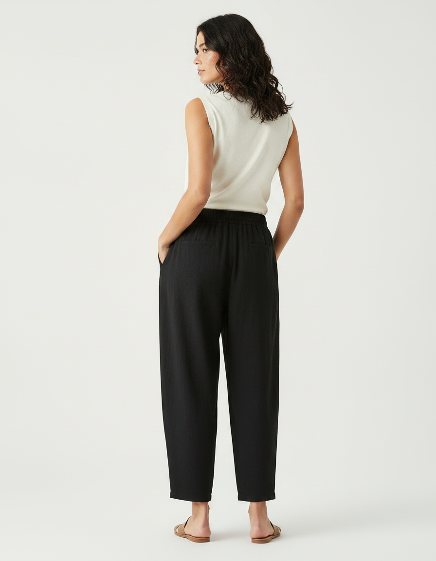 Pantalon À Pince Noir Ample Lin Décontracté Femme - vue 2