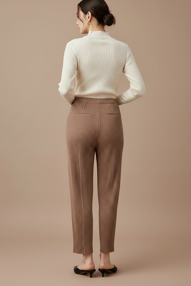 Pantalon À Pince Plissé Marron Fluide Décontracté Femme - Polyester - vue 2