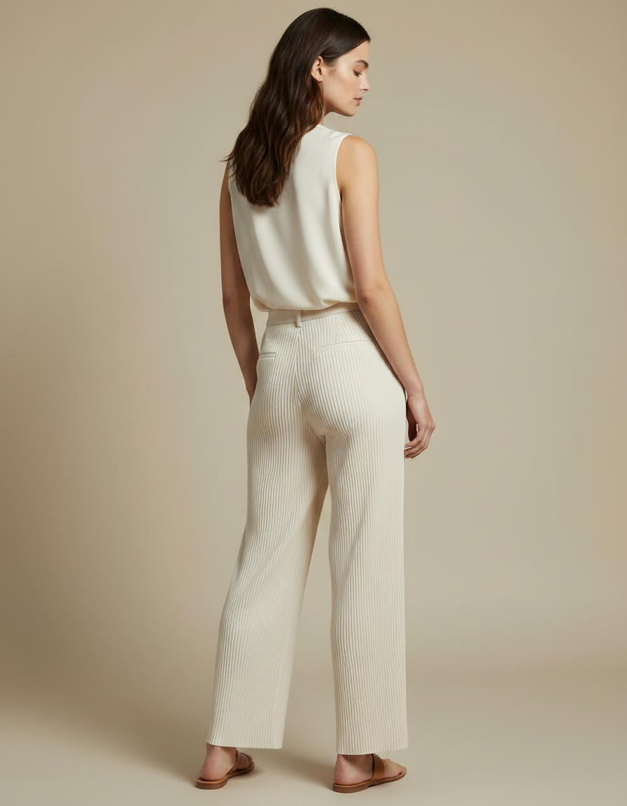 Pantalon À Pince Plissé Crème Fluide Ample Femme - Beige Maille - vue 2