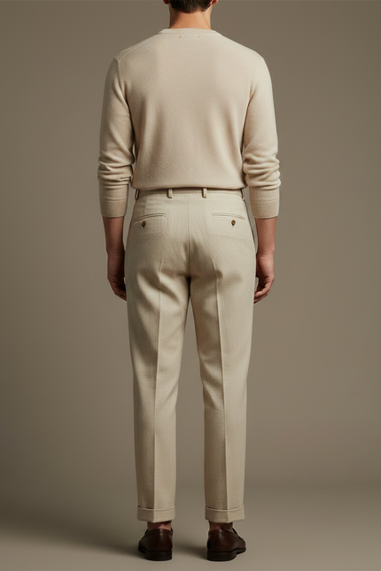 Pantalon À Pince Beige Plissé Coton Droit Élégant - vue 2