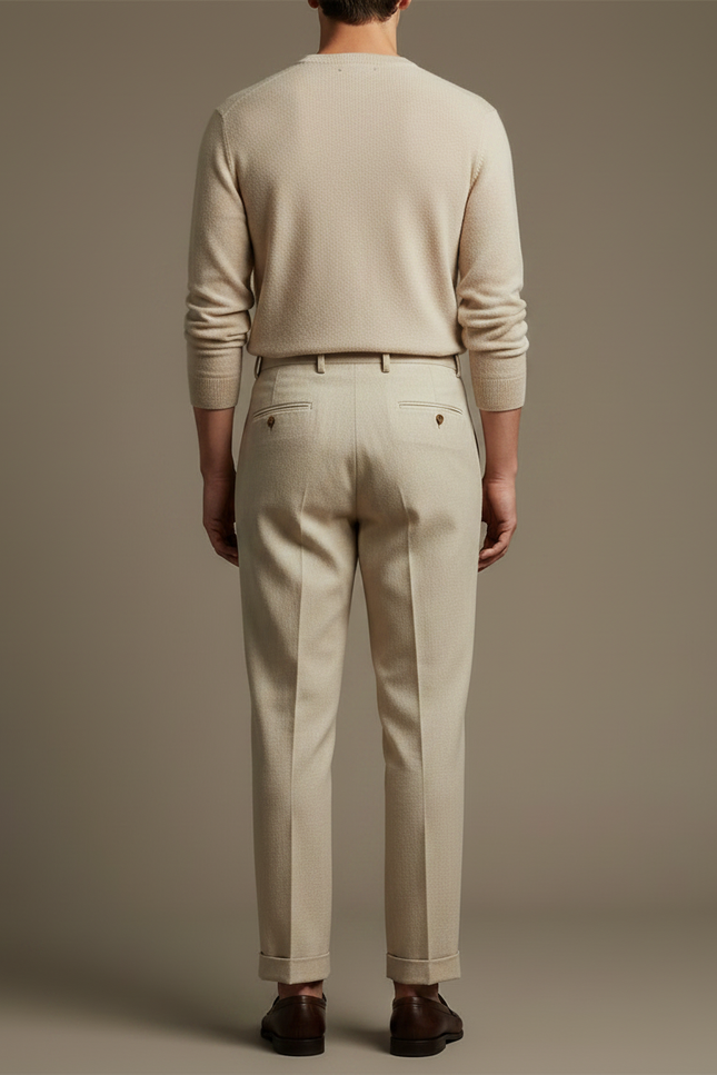 Pantalon À Pince Beige Plissé Coton Droit Élégant - vue 2