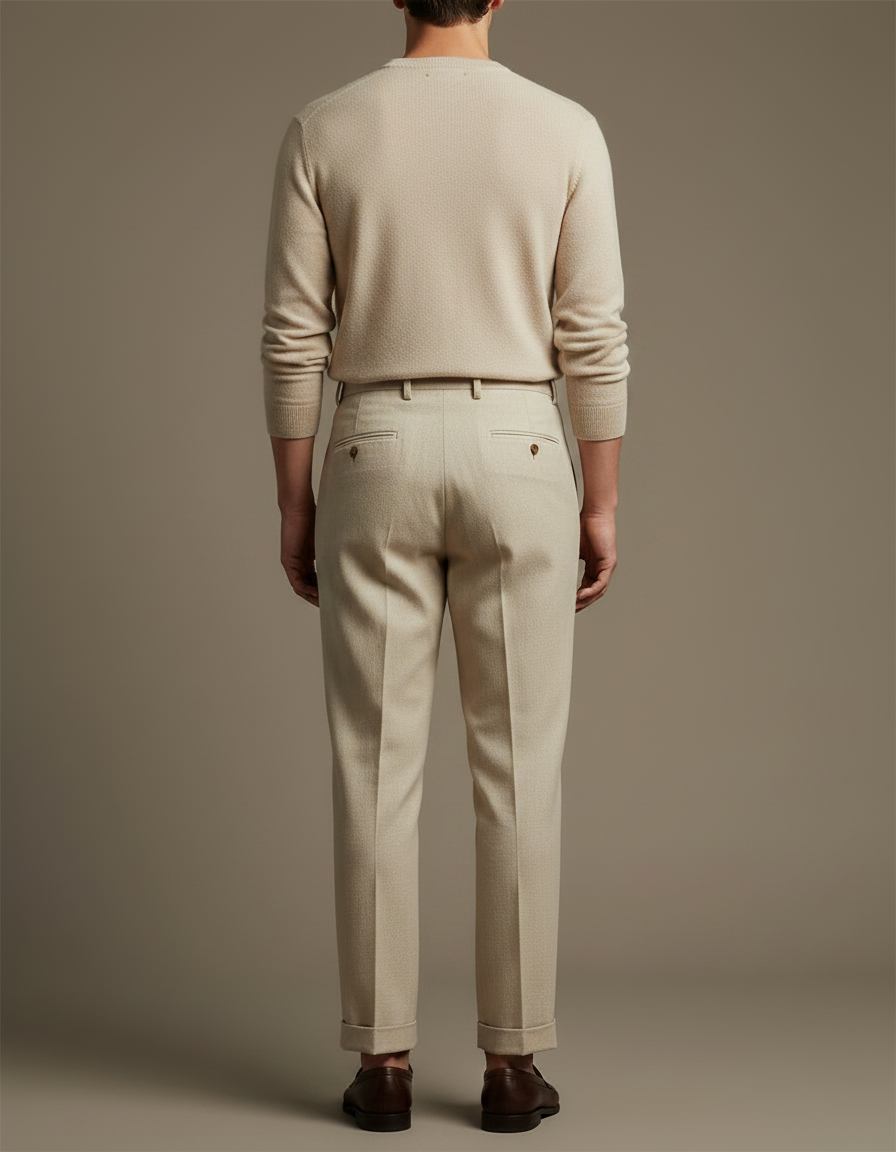 Pantalon À Pince Beige Plissé Coton Droit Élégant - vue 2
