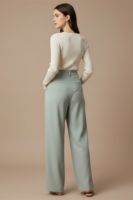 Pantalon À Pince Vert Menthe Fluide Ample Taille Haute Femme - Viscose - vue 2