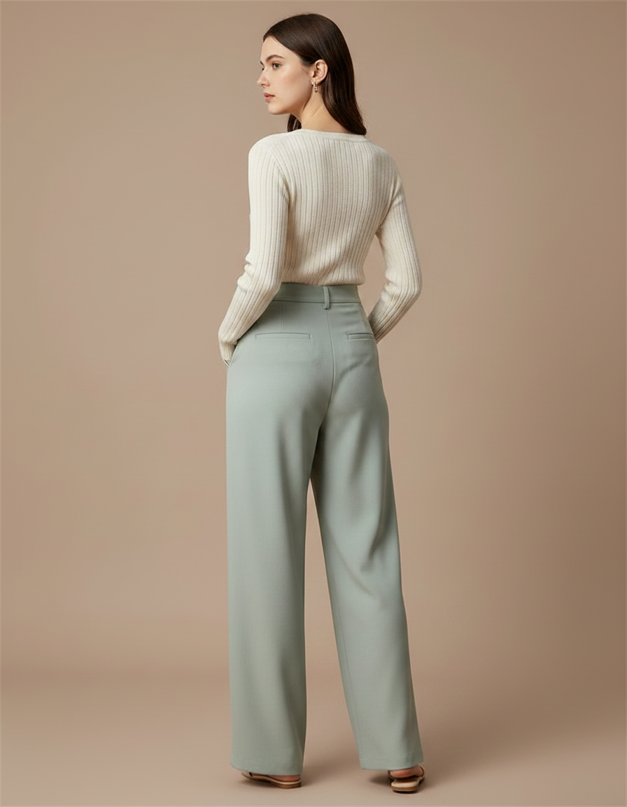 Pantalon À Pince Vert Menthe Fluide Ample Taille Haute Femme - Viscose - vue 2