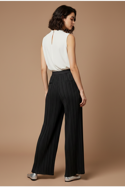 Pantalon À Pince Plissé Noir Ample Fluide Élégant - Polyester - vue 2