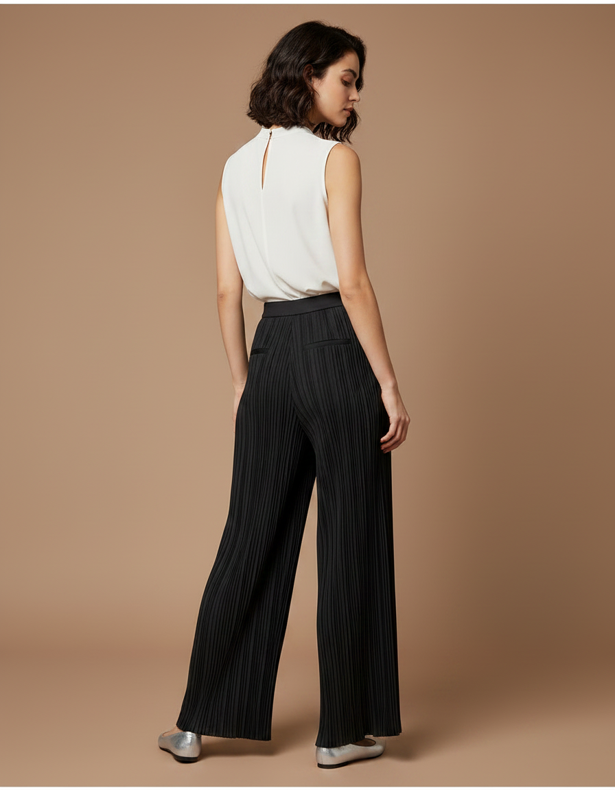Pantalon À Pince Plissé Noir Ample Fluide Élégant - Polyester - vue 2