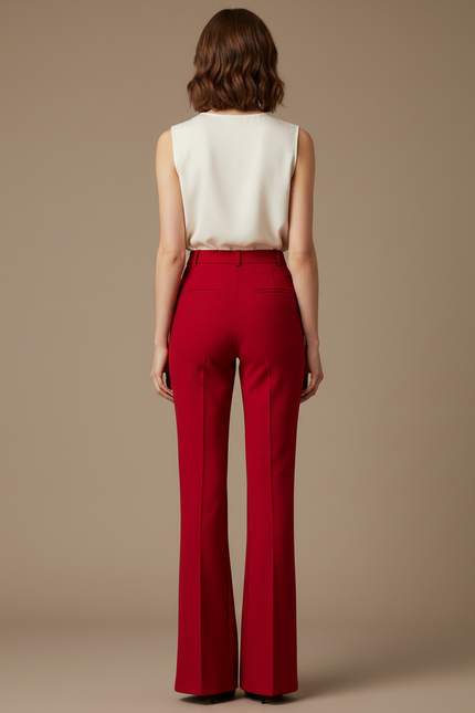 Pantalon À Pince Rouge Évasé Taille Haute Élégant Femme - Gabardine - vue 2