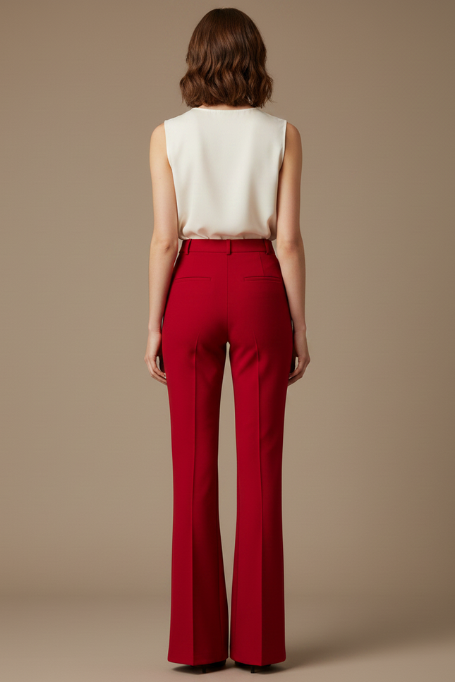 Pantalon À Pince Rouge Évasé Taille Haute Élégant Femme - Gabardine - vue 2