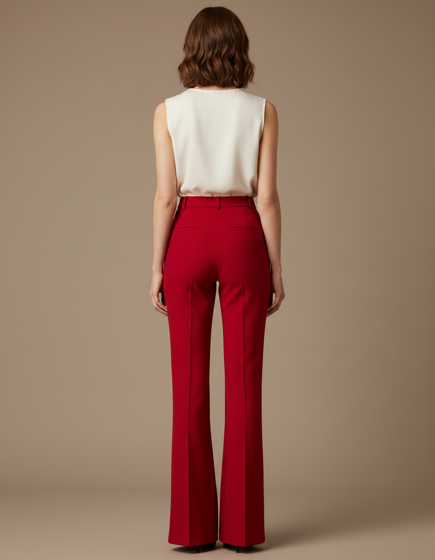 Pantalon À Pince Rouge Évasé Taille Haute Élégant Femme - Gabardine - vue 2