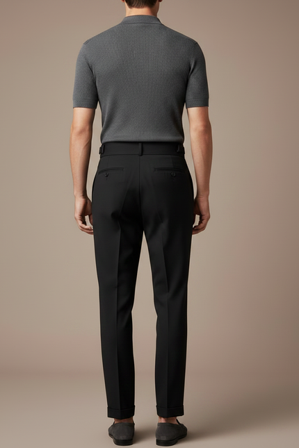 Pantalon À Pince Noir Taille Haute Plissé Ceinturé Décontracté - Gabardine - vue 2
