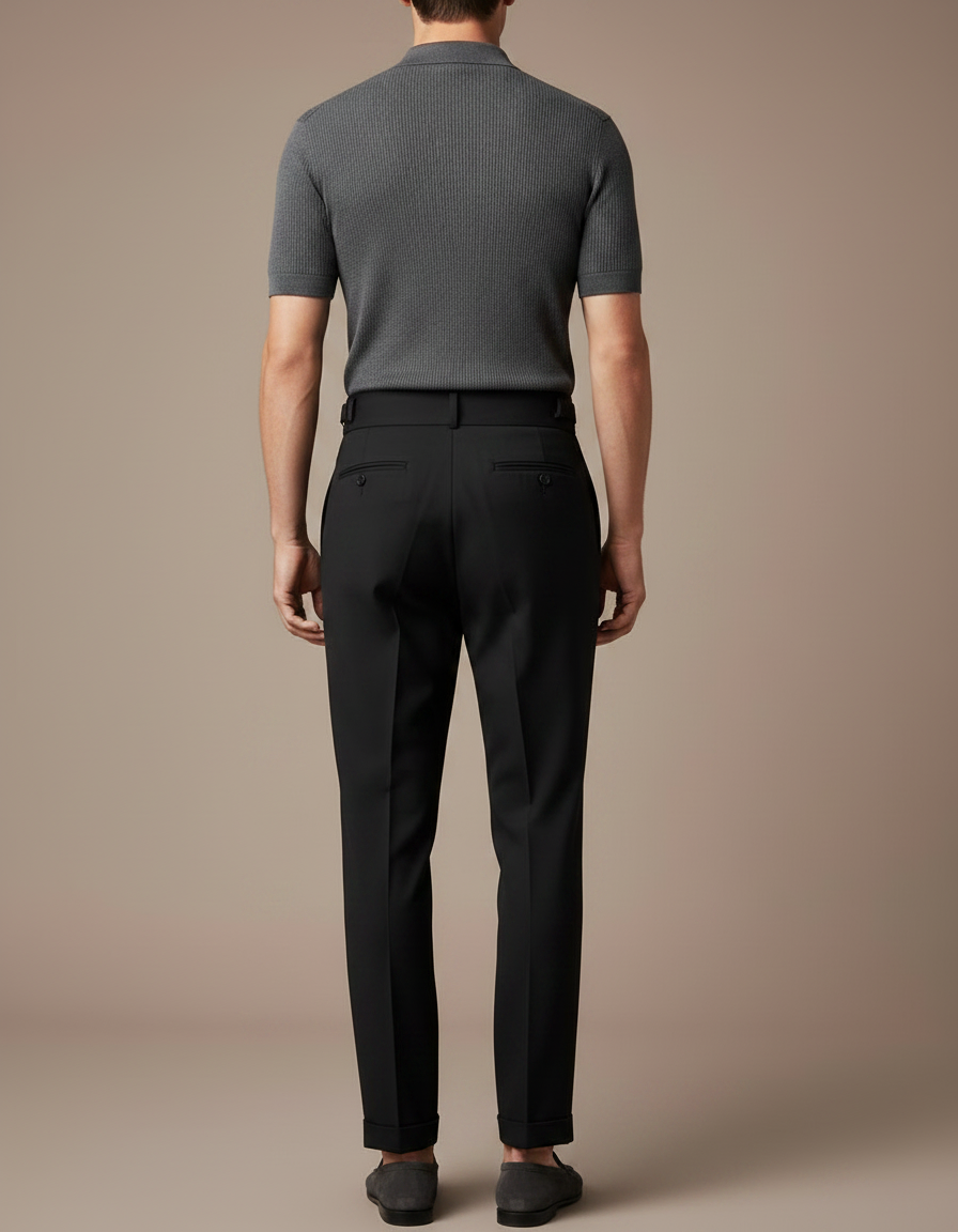 Pantalon À Pince Noir Taille Haute Plissé Ceinturé Décontracté - Gabardine - vue 2
