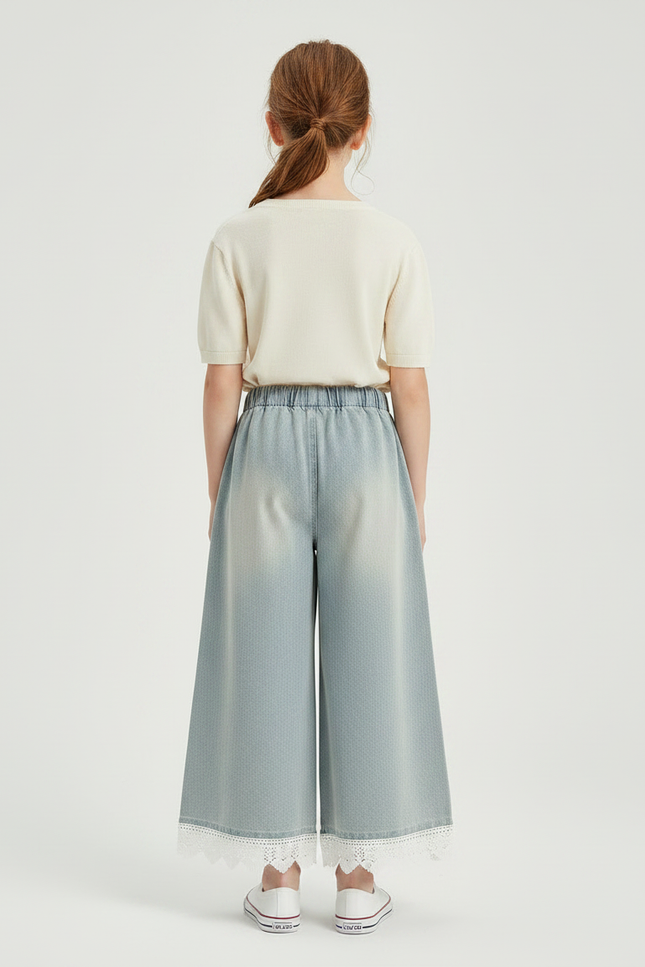 Pantalon À Pince Denim Ample Fille Dentelle Décontracté - Bleu Jean - vue 2