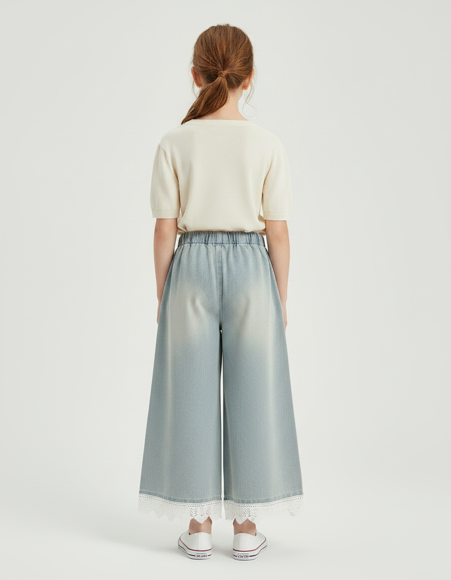 Pantalon À Pince Denim Ample Fille Dentelle Décontracté - Bleu Jean - vue 2