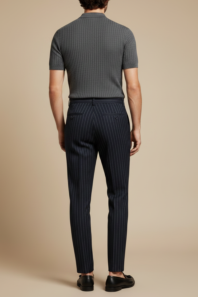 Pantalon À Pince Bleu Marine Rayé Plissé Slim Élégant - Laine - vue 2