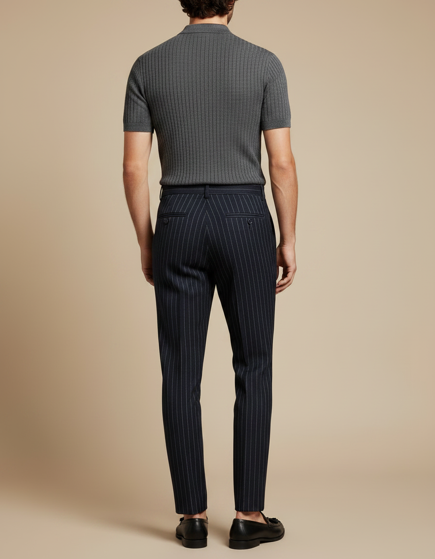 Pantalon À Pince Bleu Marine Rayé Plissé Slim Élégant - Laine - vue 2