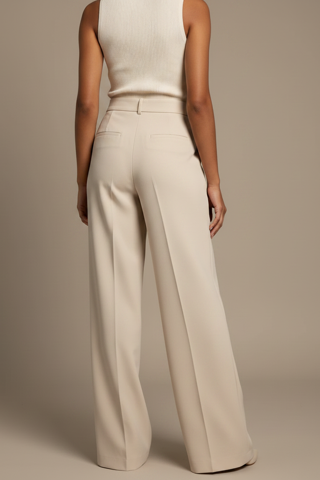 Pantalon À Pince Crème Ample Plissé Taille Haute Élégant - Beige Gabardine - vue 2