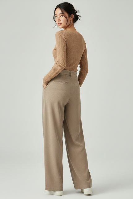 Pantalon À Pince Beige Plissé Droit Ample Décontracté - Molleton - vue 2