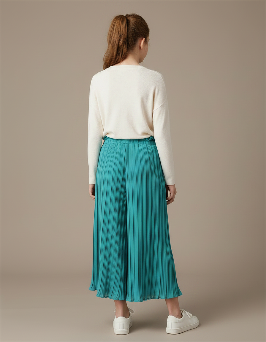 Pantalon À Pince Plissé Fluide Ample Turquoise Fille - Bleu Polyester - vue 2