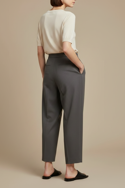 Pantalon À Pince Gris Plissé Taille Haute Élégant Femme - Gabardine - vue 2