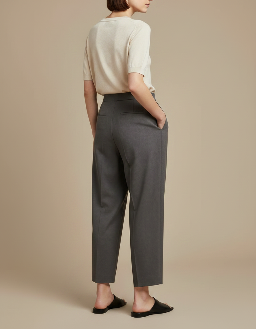 Pantalon À Pince Gris Plissé Taille Haute Élégant Femme - Gabardine - vue 2