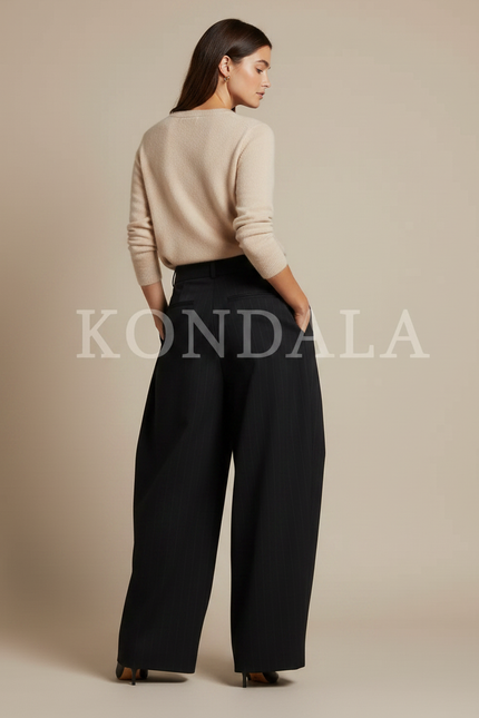 Pantalon À Pince Rayé Femme - Noir Gabardine - vue 2