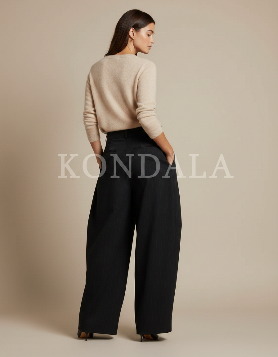 Pantalon À Pince Rayé Femme - Noir Gabardine - vue 2