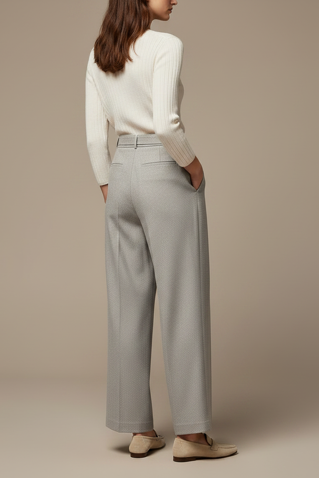 Pantalon À Pince Gris Clair Ample Plissé Ceinturé Élégant - Laine - vue 2