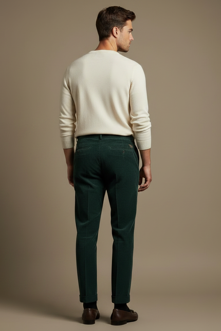 Pantalon À Pince Vert Côtelé Plissé Homme Élégant - Cordé - vue 2